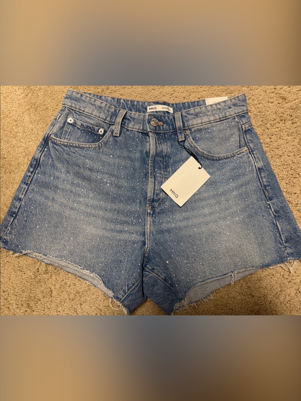 Mango Blue Beach Rhinestone Frayed Denim Shorts 8
